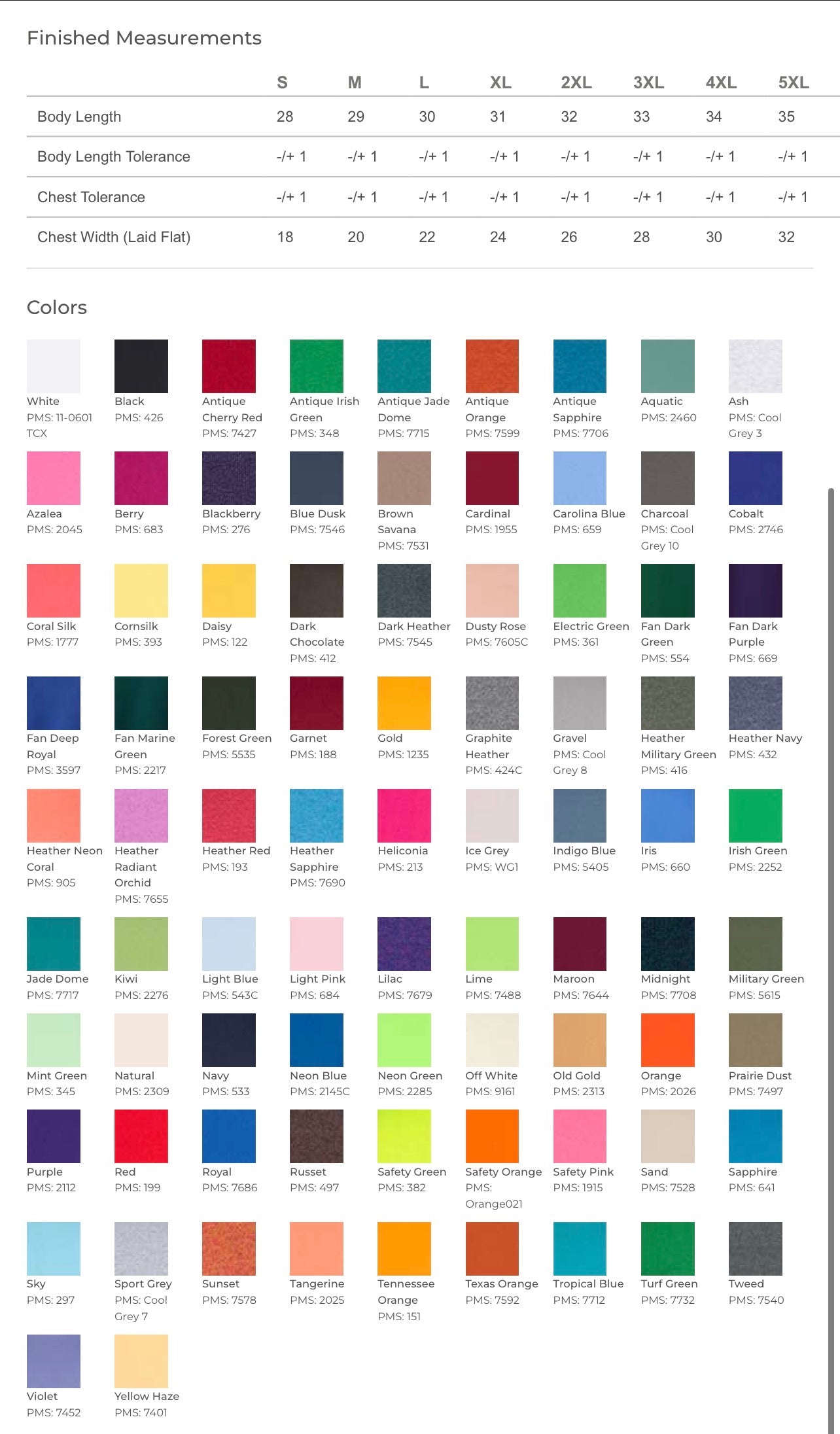 A size chart and color swatch grid for a quilted blanket or throw, showing finished measurements by size (S, M, L, XL, 2XL, 3XL, 4XL, 5XL) and a grid of available fabric colors.