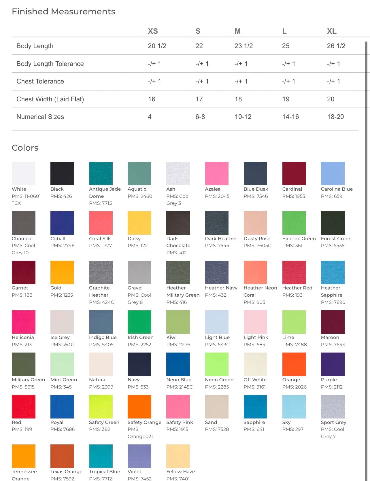 A size and color chart for a women's bra or shapewear garment, showing finished measurements in a table format with sizes XS through XL and a grid of color swatches labeled by shade names.