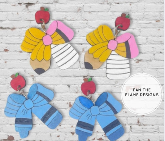Teacher Pencil and Crayon Bow Earrings