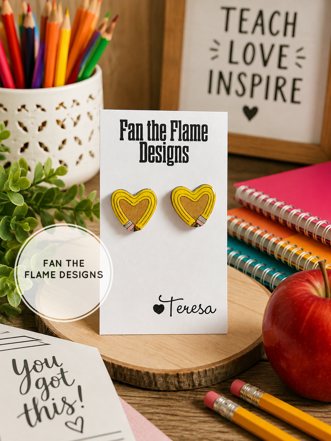 Pencil Heart Wooden Studs