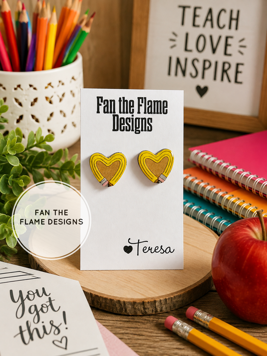 Pencil Heart Wooden Studs