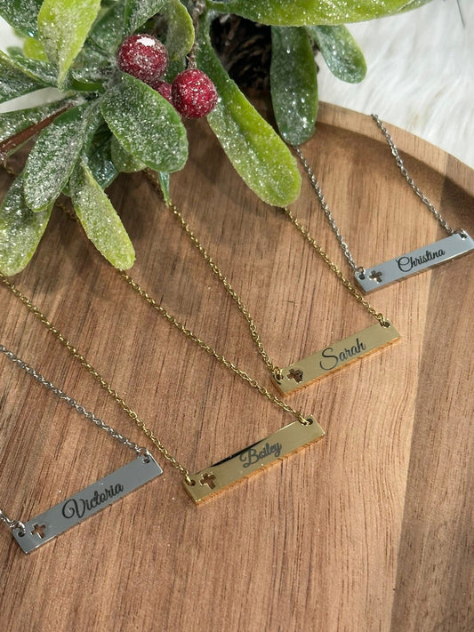 Cross Bar Engraved Necklace