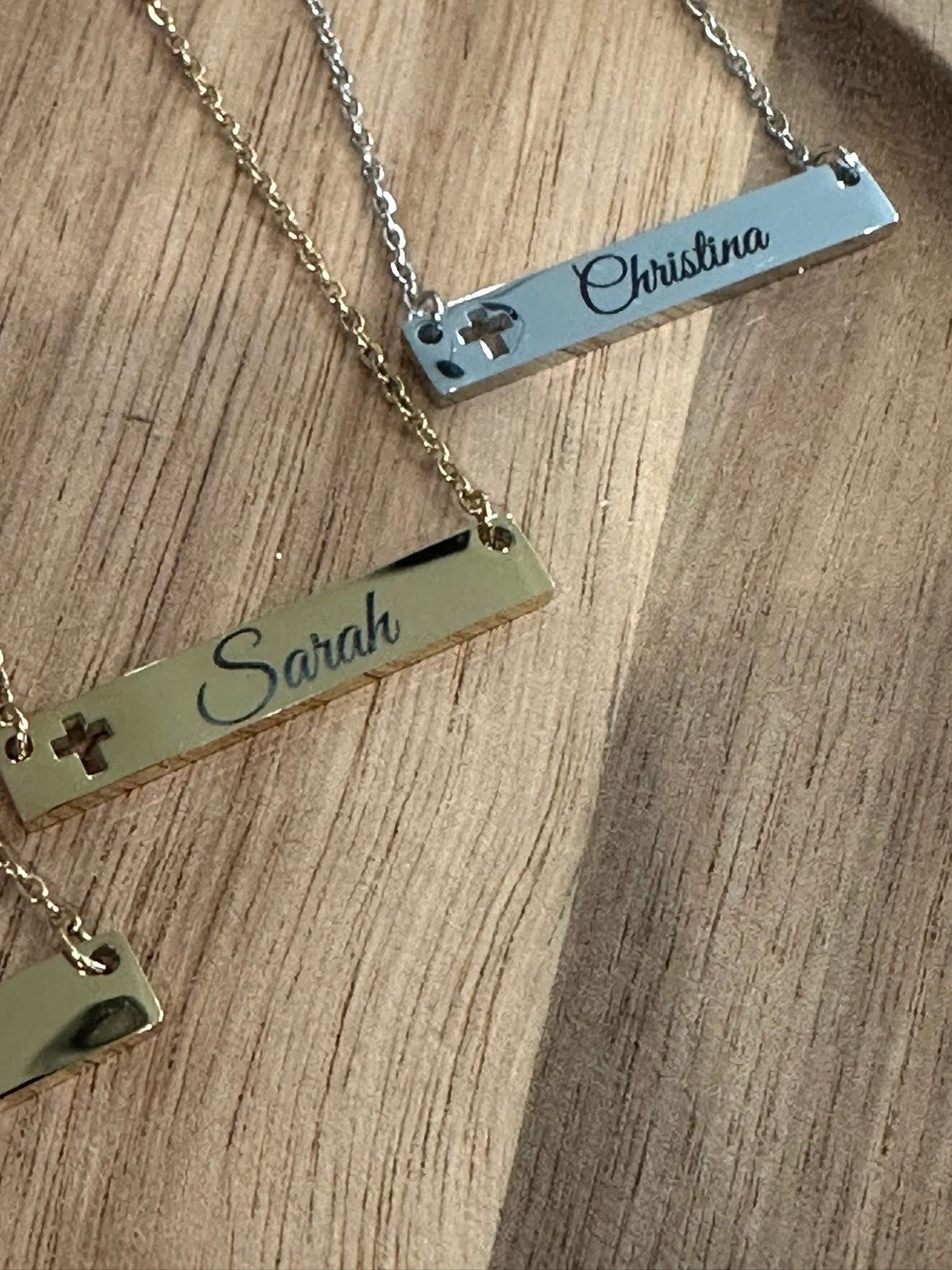 Cross Bar Engraved Necklace