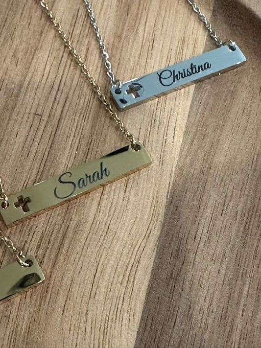 Cross Bar Engraved Necklace