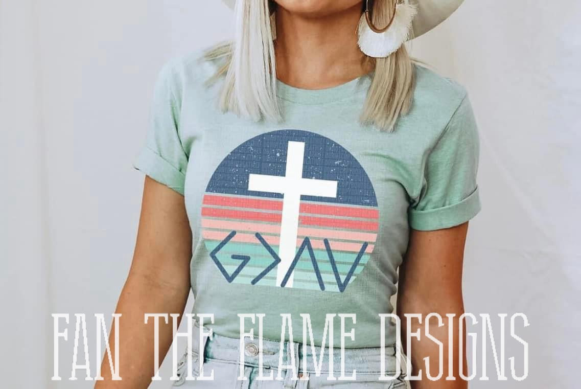 God is greater than my highs and lows (white cross, colorful circle) tee/sweatshirt