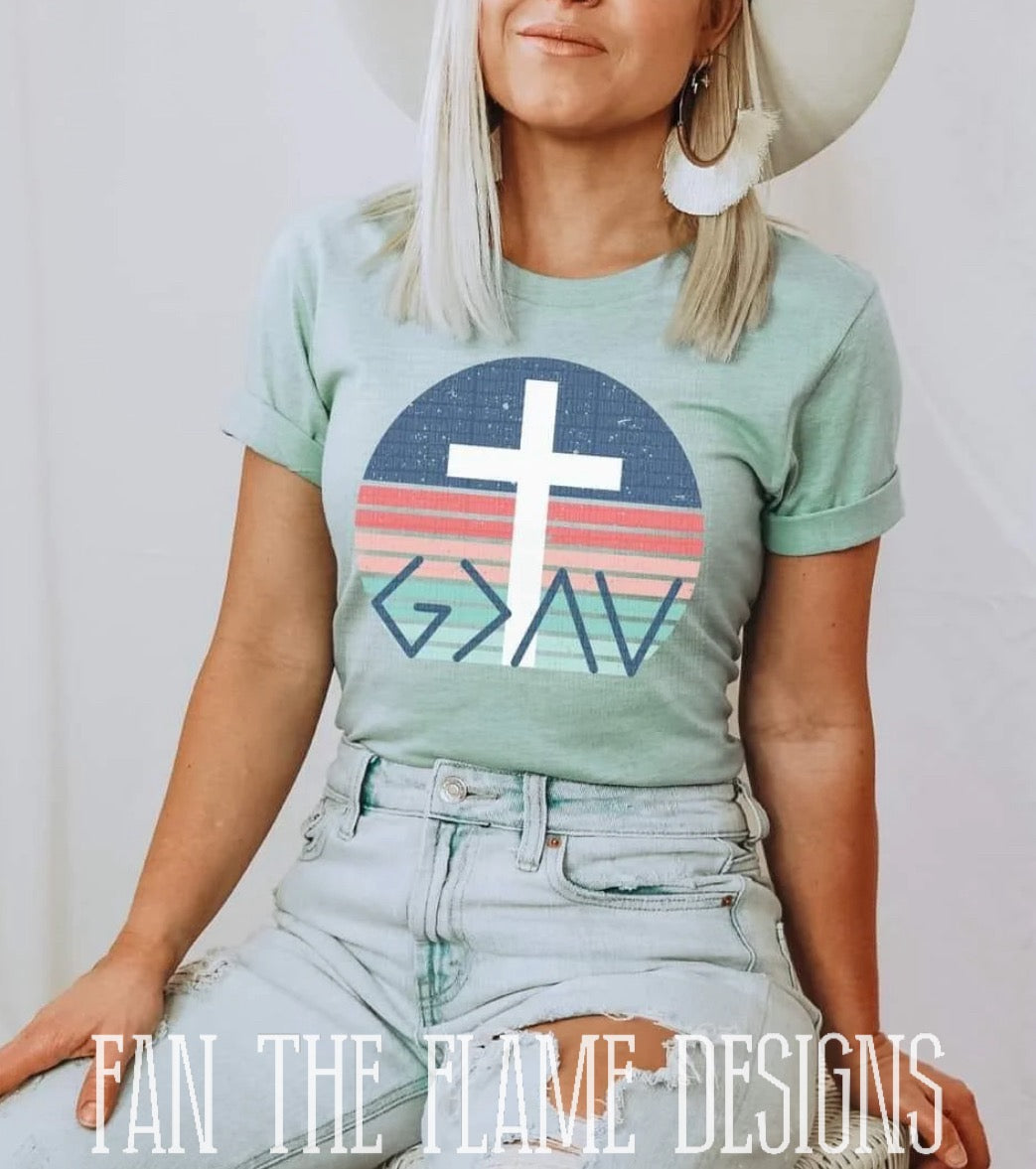 God is greater than my highs and lows (white cross, colorful circle) tee/sweatshirt