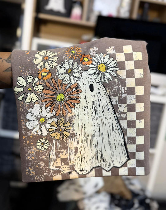 Hiding Ghost Floral Checkered Background Tee/Sweatshirt