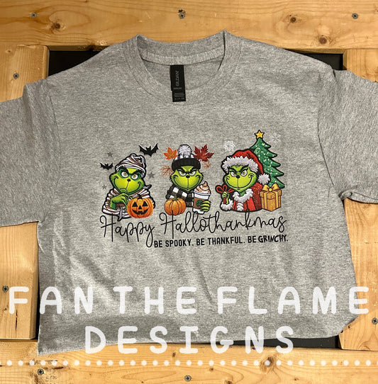Happy hallothankmas green guy black font Tee/Sweatshirt