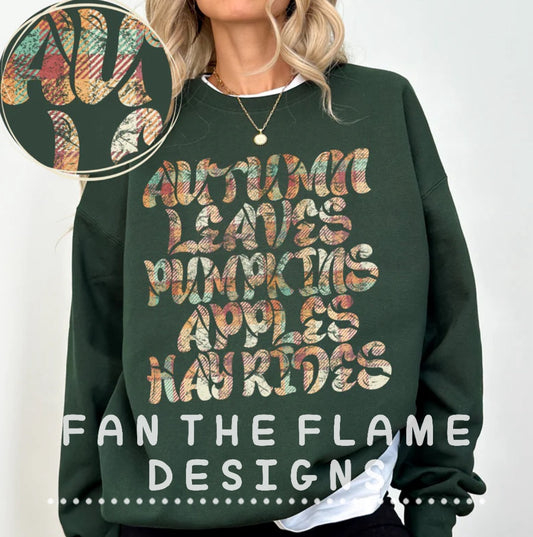 Autumn, Leaves, Pumpkins, Apples, Hay Rides Fall List in Plaid Distressed Tee/Sweatshirt