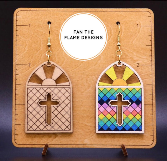 Handmade Laser Stained Glass Cross Dangle Earrings