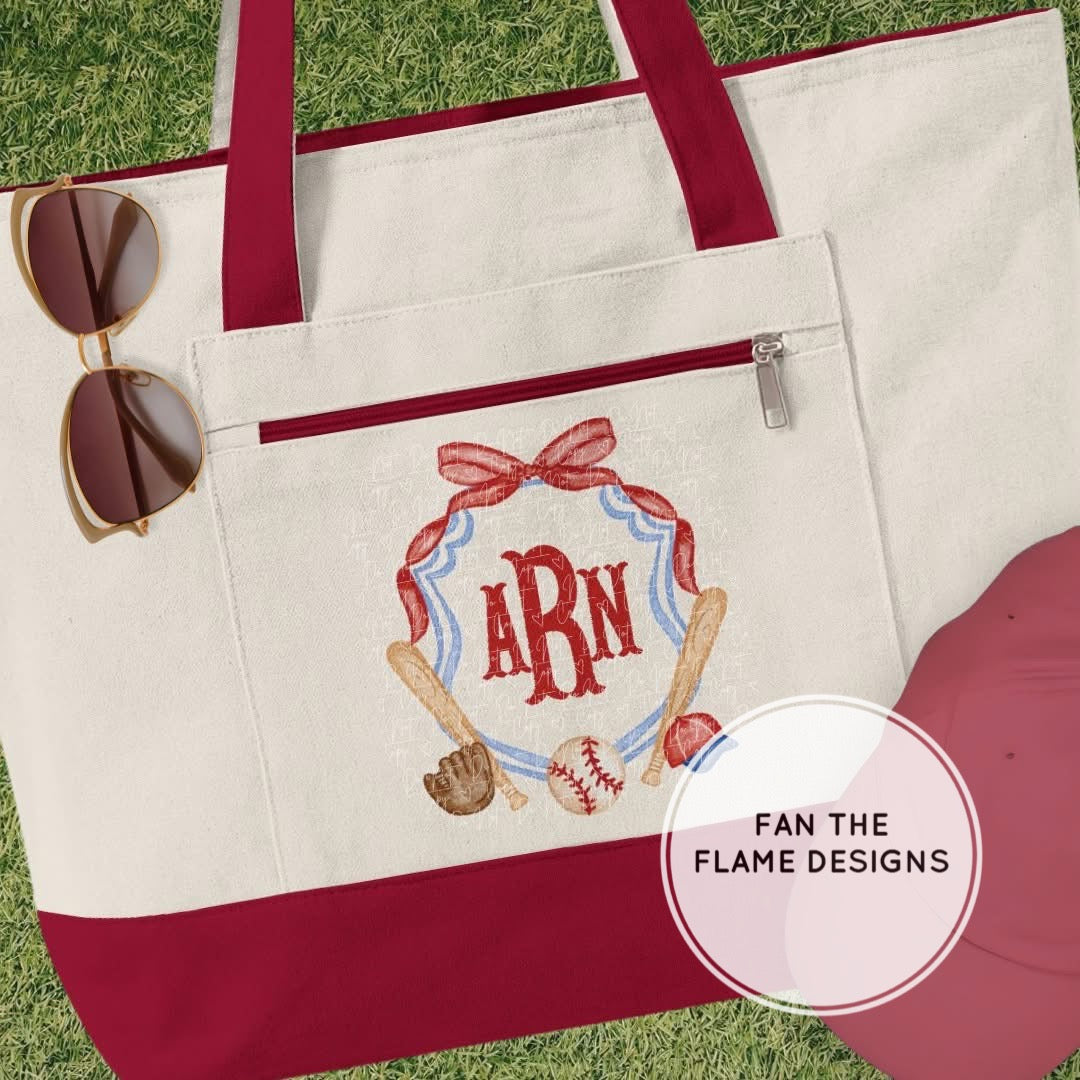 Baseball Bow Monogram Zipper Tote
