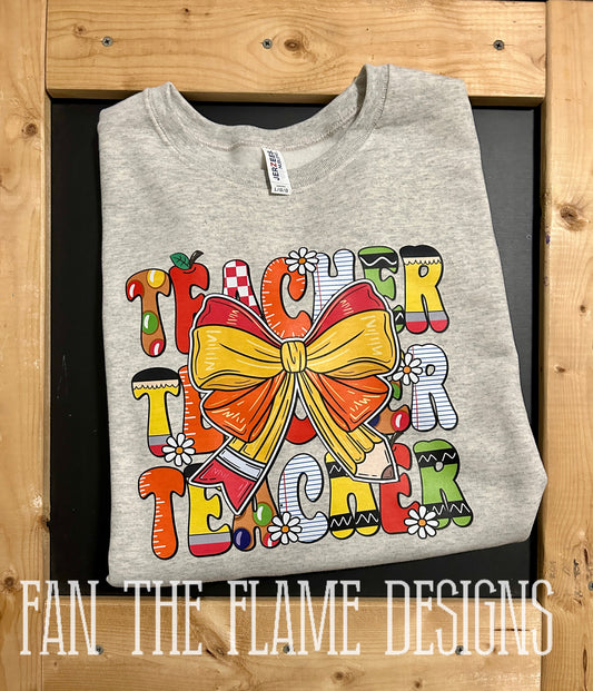 Teacher stacked with bow tee/sweatshirt