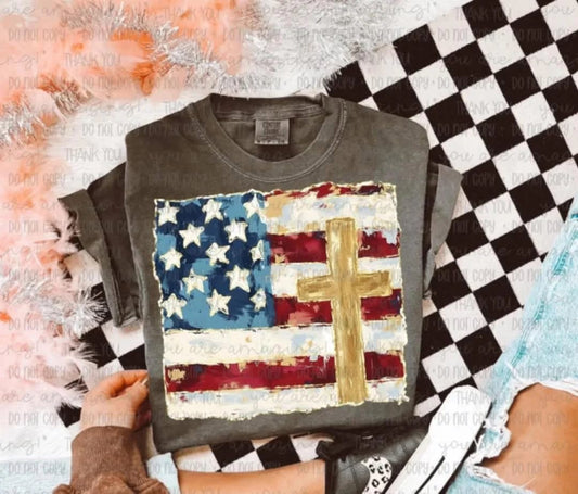 American flag with gold cross tee/tank