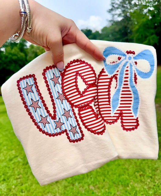 USA blue stars red white stripes blue bow tee/tank