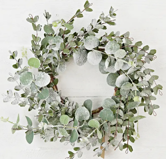 18in Wreath-Snowy Flocked Mixed Eucalyptus Leaves