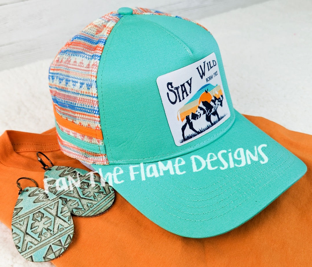 Turquoise and Orange Trucker Style Hat