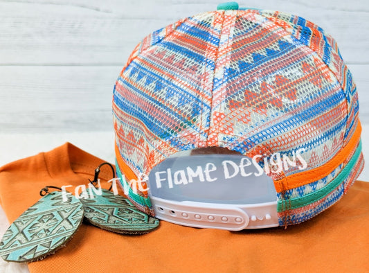 Turquoise and Orange Trucker Style Hat