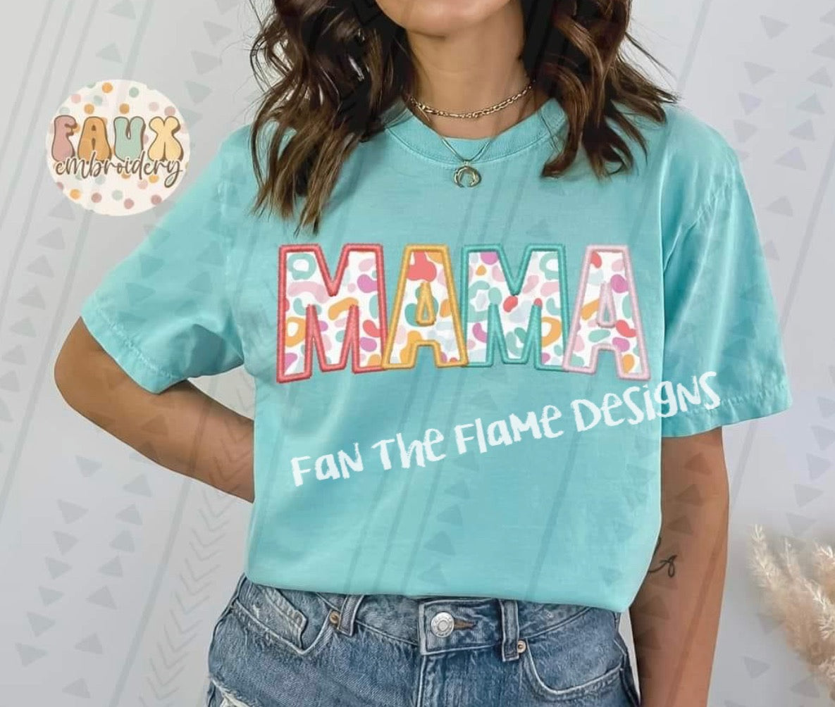 Mama Faux Embroidery Colorful Leopard Tee