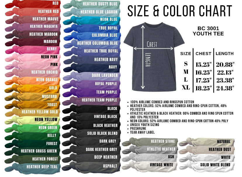 youth color & size chart